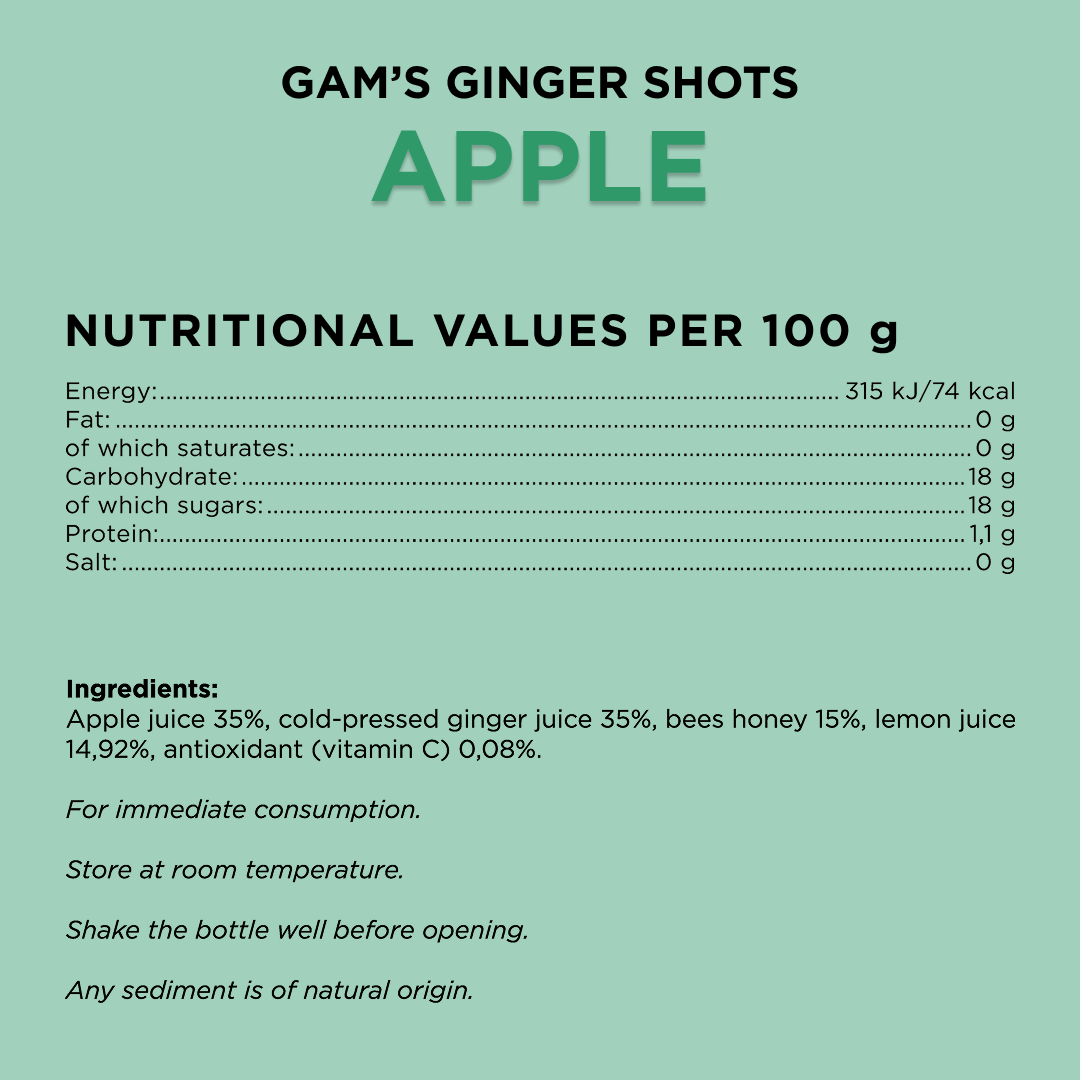 Gam’s Ginger Shot Apple & Lemon 60ml | Gam's Protein UK Gam’s Ginger Shot Apple & Lemon 60ml