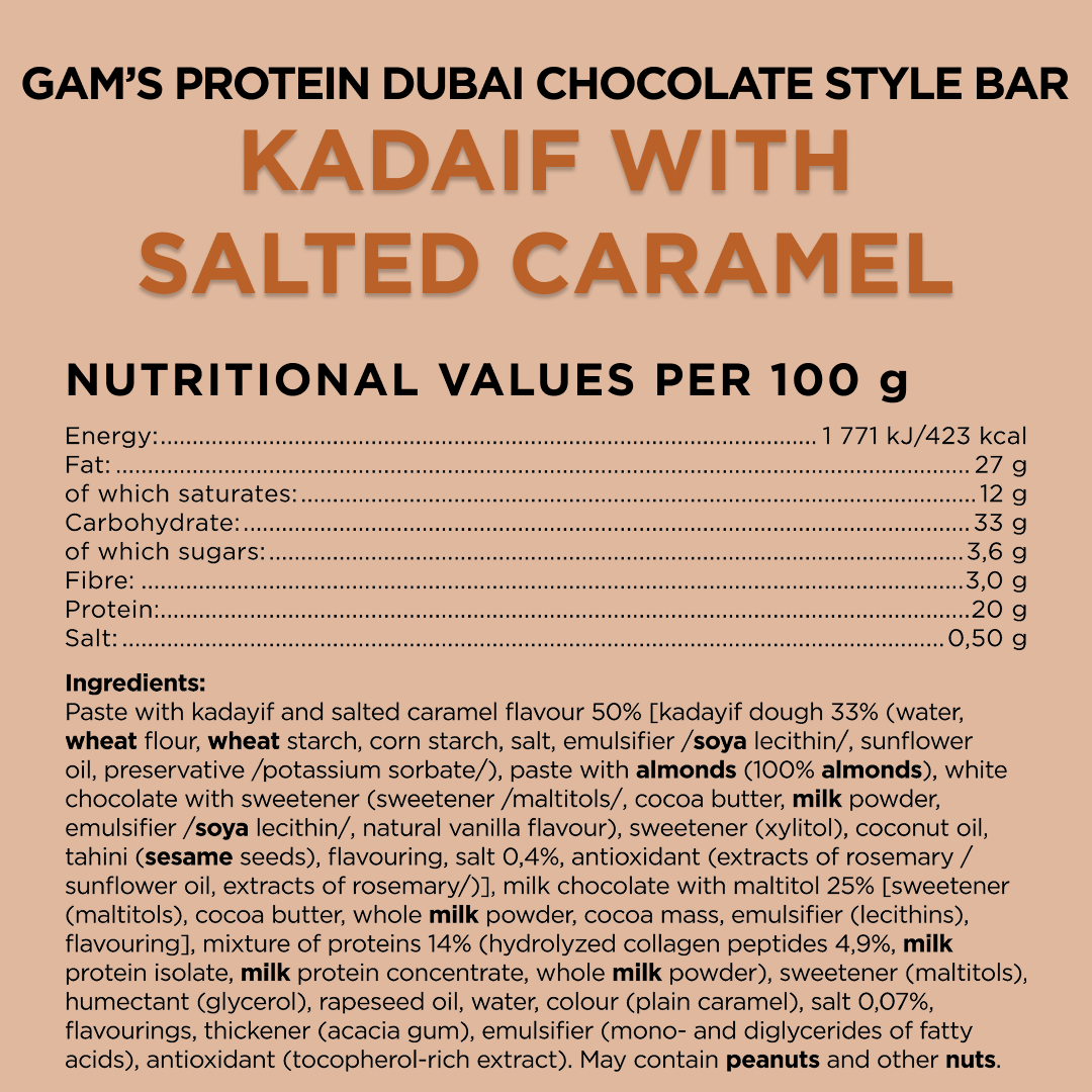 Gam’s Dubai Style Protein Bar Salted Caramel 60g | Gam's Protein UK Gam’s Dubai Style Protein Bar Salted Caramel 60g