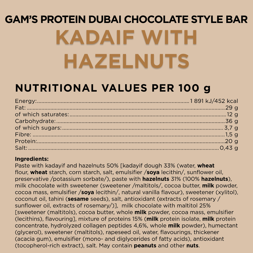 Gam’s Dubai Style Protein Bar Hazelnut 60g | Gam's Protein UK Gam’s Dubai Style Protein Bar Hazelnut 60g