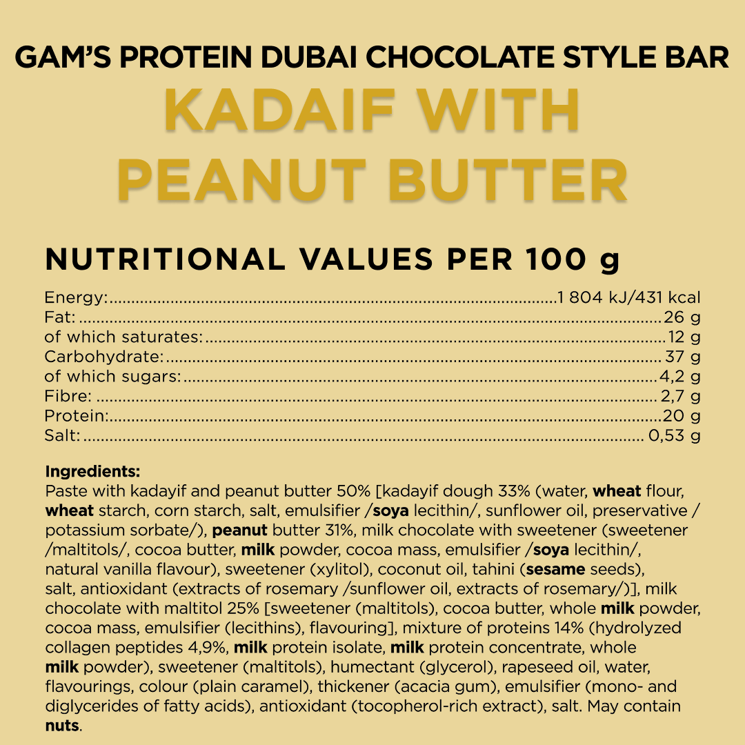 Gam’s Dubai Style Protein Bar Peanut Butter 60g | Gam's Protein UK Gam’s Dubai Style Protein Bar Peanut Butter 60g