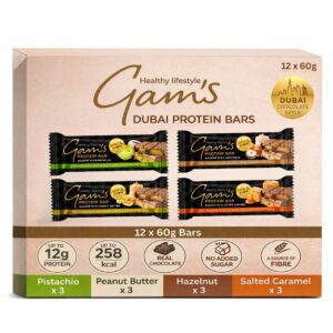 Gam’s Dubai Chocolate Protein Bars Mixed Case 12 Pack with Hazelnut Peanut Butter Pistachio and Salted Caramel flavours