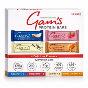 Gam’s Core Protein Bars Mixed Case 12 Pack with Raspberry Salted Caramel Coconut and Vanilla flavours