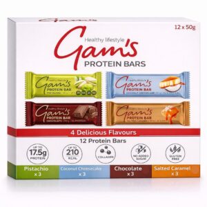 Gam’s Core Protein Bars Mixed Case 12 Pack with Pistachio Salted Caramel Chocolate and Coconut Cheesecake flavours